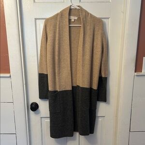 Michael Kors Two-Tone Open Front Cardigan in Camel and Charcoal